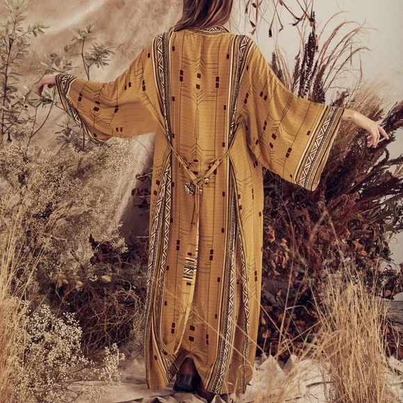 Bohemian Western Aztec Tribal Geo Belted Kimono Duster Cover up Beach - Picture 5 of 12